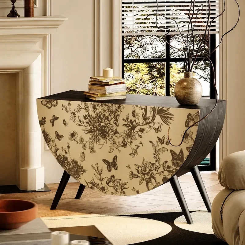 Cream Style Solid Wood Round Cabinet with Butterfly Flower Motif Living Room Entryway Decorative Storage Locker for Home