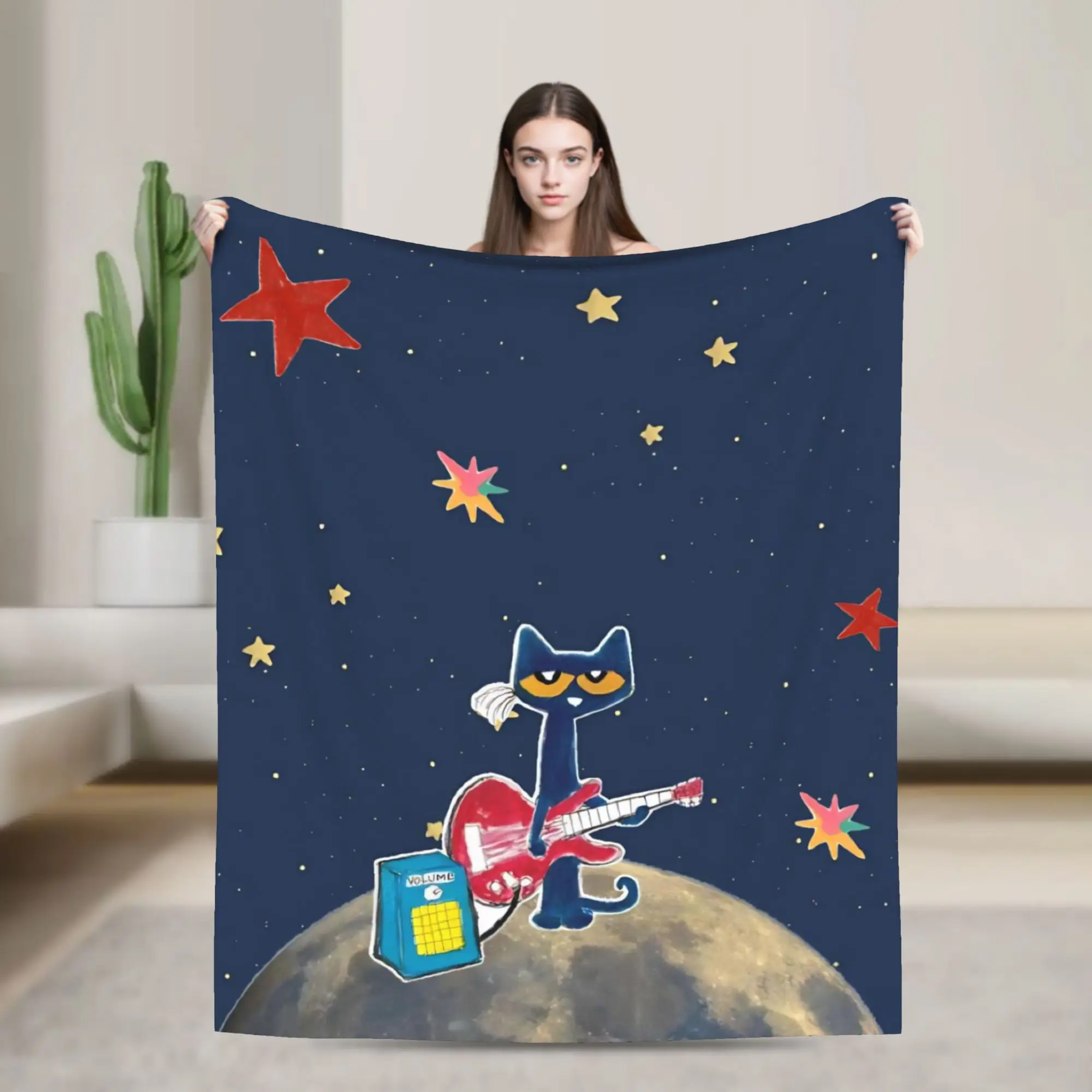 Pete The Cat Cartoon Space Guitar Blanket  Flannel Awesome Warm Throw Blankets for Home Summer