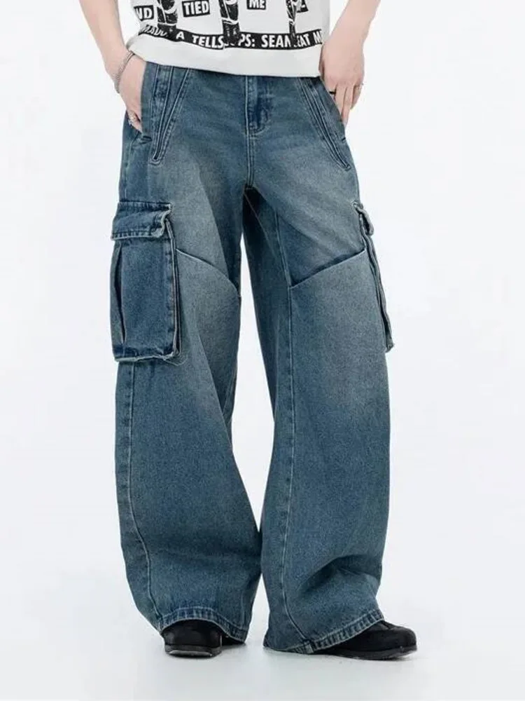 Men's Cargo Workwear Jeans Light Wash Multi Pocket Wide Leg Baggy Casual Streetwear Denim Long Pants NX7P