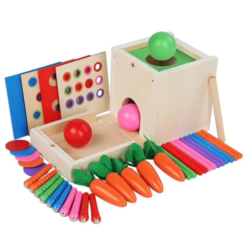 

6-in-1 Wooden Montessori Toy Play Kit Object Permanence Box Play Set with Coin Box Carrot Harvest Shape Sorter Ball Drop Toy