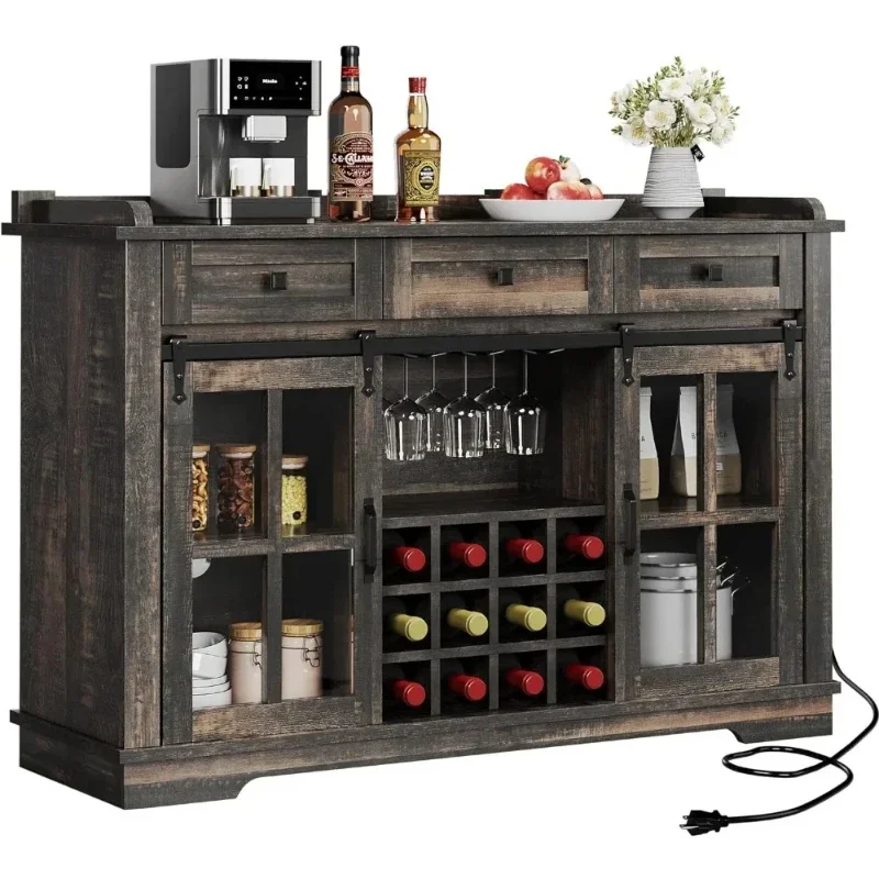 

Farmhouse Coffee Bar Cabinet，53” Kitchen Sideboard Buffet Cabinet with Storage, 3 Drawers & Sliding Barn Door, Storage Cabinet