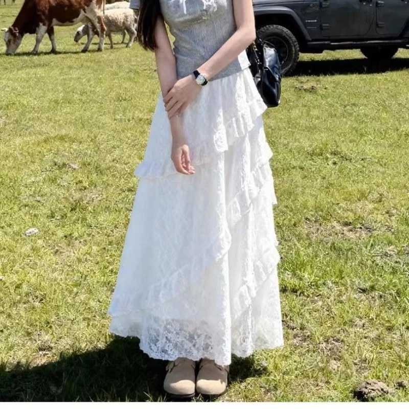 Summer Women Elastic Waist White Lace Mesh Cake Skirt Asymmetric Ruffle Layer Slim Flowy A-Line Tiered Long Maxi Half Skirt