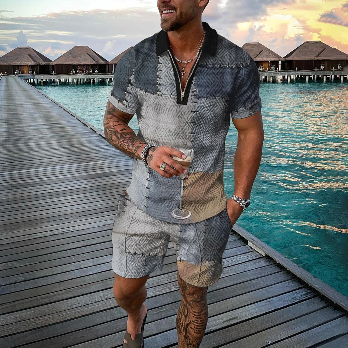 

Trend Men's Sportswear set: 3D Printed Casual Zipper Polo Shirt And Shorts 2-piece set, Fashionable Geometric Style men's Set