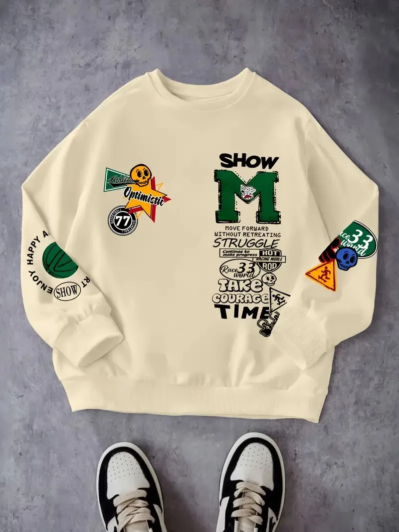 The new men's round-neck hoodie for Spring and Autumn 2025 features a street casual and fashionable 3D letter pattern print