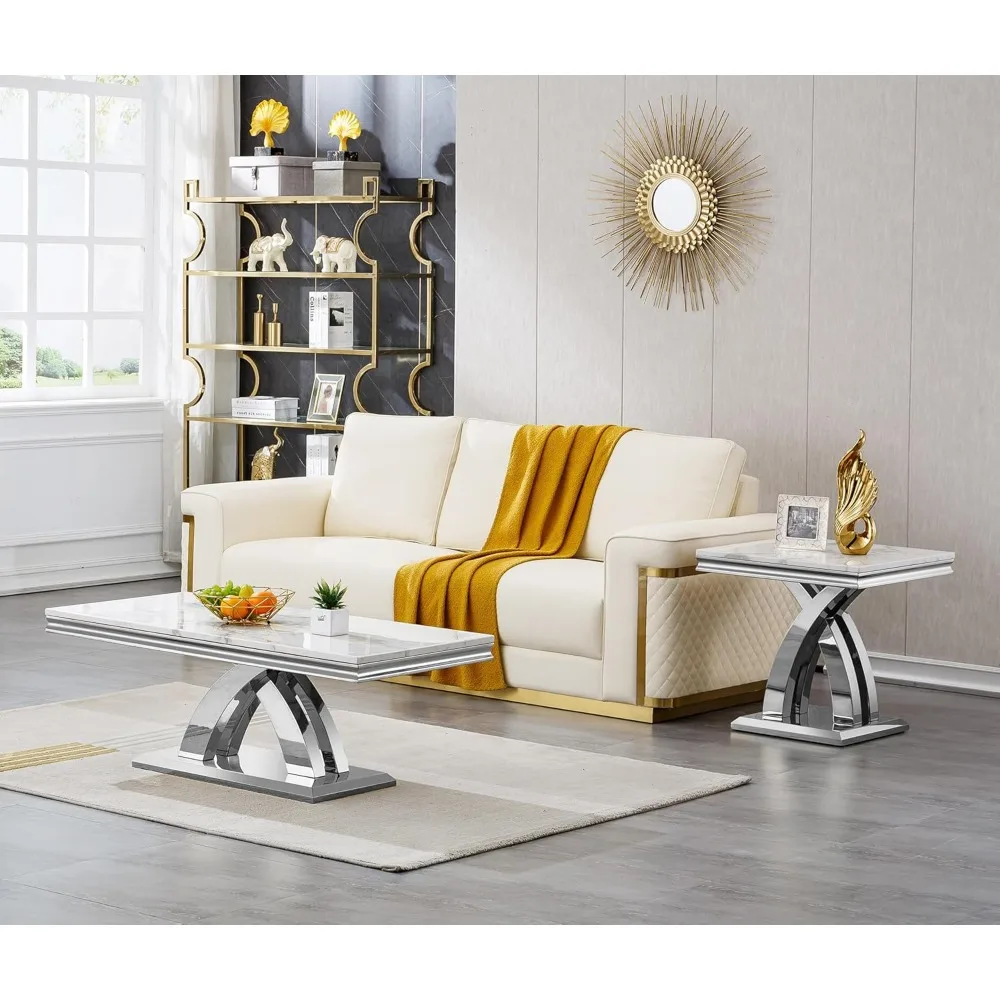 3 Pieces Coffee Table Set, Faux Marble Living Room Table Set of 3, Modern Coffee Table and 2 End Tables with X-Shaped Stainless