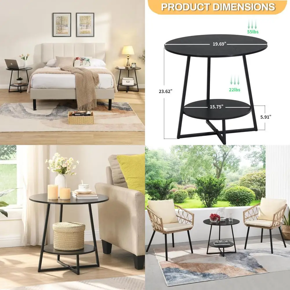 

Compact 2-Tier Round Wood Side Table with Storage Shelf for Living Room, Bedroom, and Small Spaces - Black