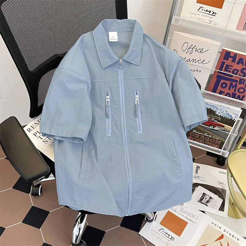 

Men Solid Half Sleeve Shirt Korean Popular Thin Ice Silk Casual Loose Zipper Lapel Coats Versatile Personalized Black Tops