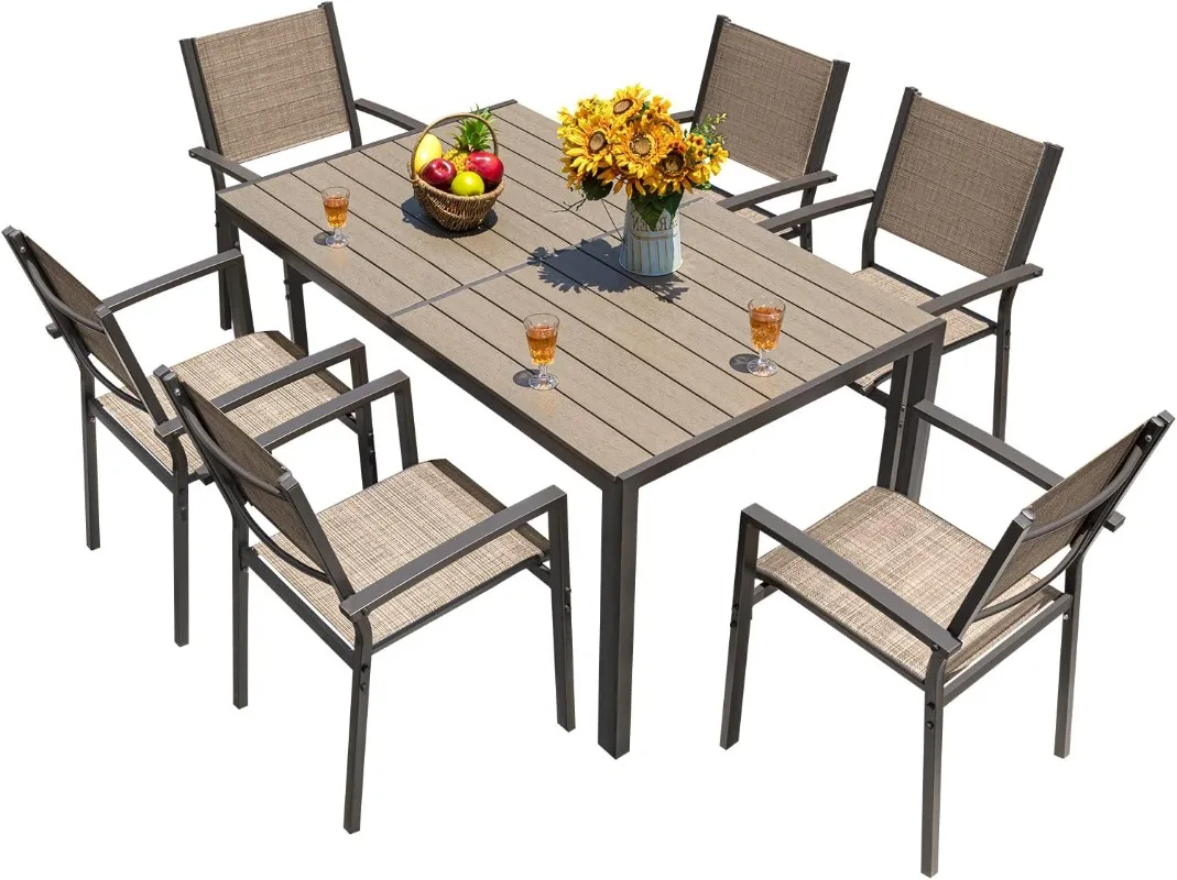 Homall 7 Pieces Patio Dining Set Outdoor Furniture with 6 Stackable Chairs and Large Table for Yard, Garden, Porch and Poolside