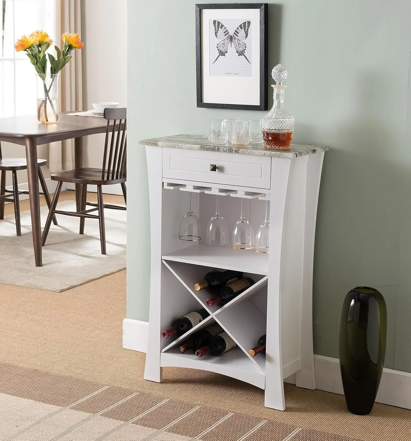 Bar Cabinet Wine Storage With Glass Holders & Drawer, White