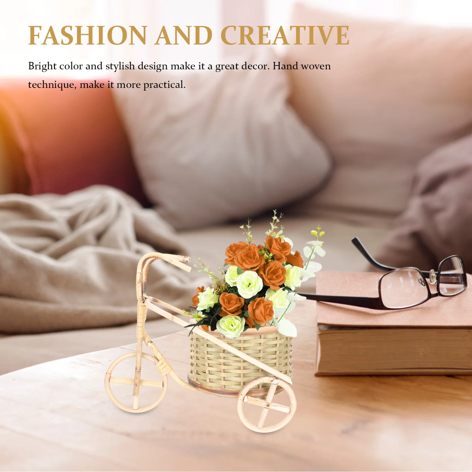 

Bamboo Handwoven Rattan Mini Tricycle Basket Rustic Style Desktop Decor Pen Holder Food Fruit Storage Organizer