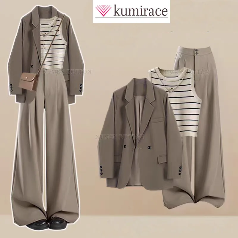 Professional suit, women's Korean suit jacket, striped camisole with high waist and wide leg pants, three piece set pant sets