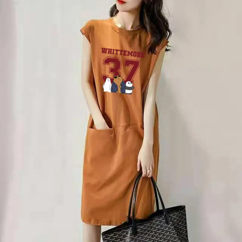 

O-neck Letter Printing A-line Skirt Summer New Korean Loose Sleeveless Simplicity Casual Dresses Fashion Vintage Women Clothing