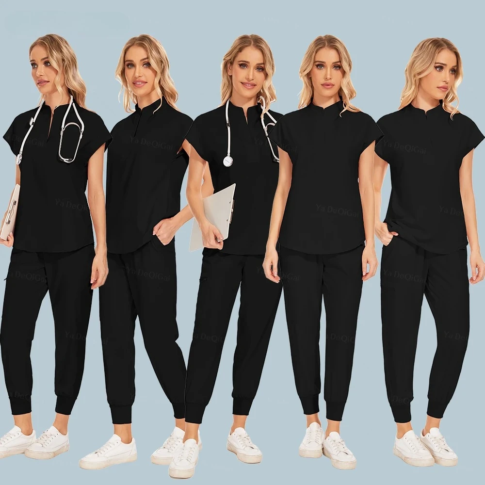 Zwarte werkkleding Chirurgische uniformen Joggerpak Verpleegstersscrubs Set Medische klinische kleding Arts Verplegingsuniformen Zakken Topbroek