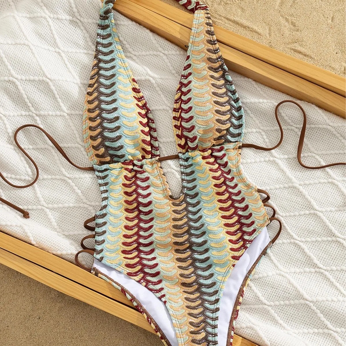 Women Boho Multicolor Wave Knit One Piece Bathing Suit Halter Plunging V Hollow Out Swimsuit Side Tie Straps Vacation Swimwear
