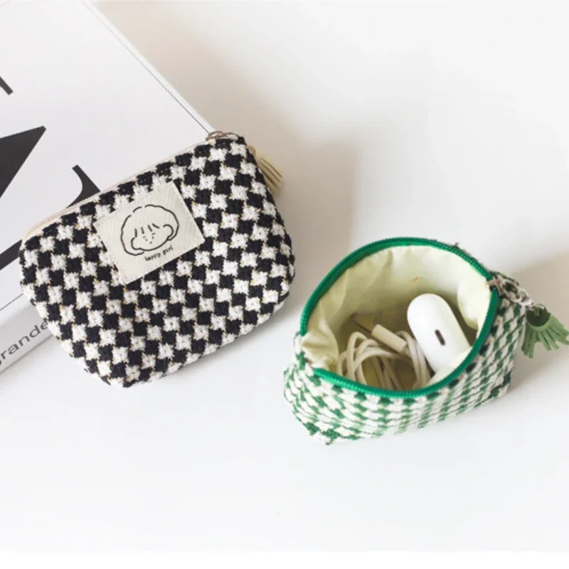 Mini Portable Plaid Coin Bags Money Wallet Purse Earphone Lipstick Data Line Storage Bags ID Card Bank Card Holder Clutch Pouch