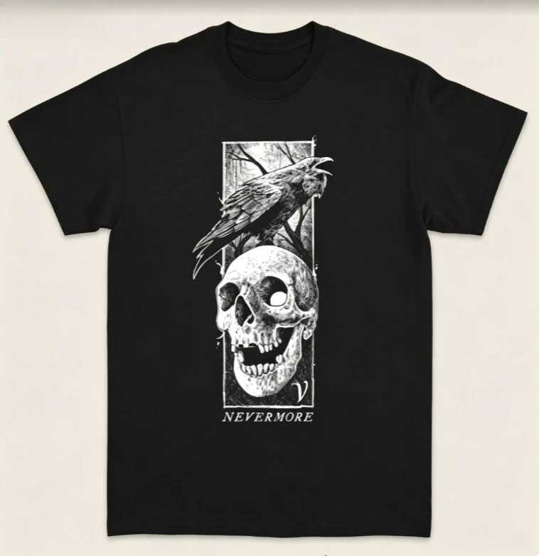 2026 Round-neck modern crows and skull retro dark art pattern theme - Men's and women's casual short-sleeved T-shirt