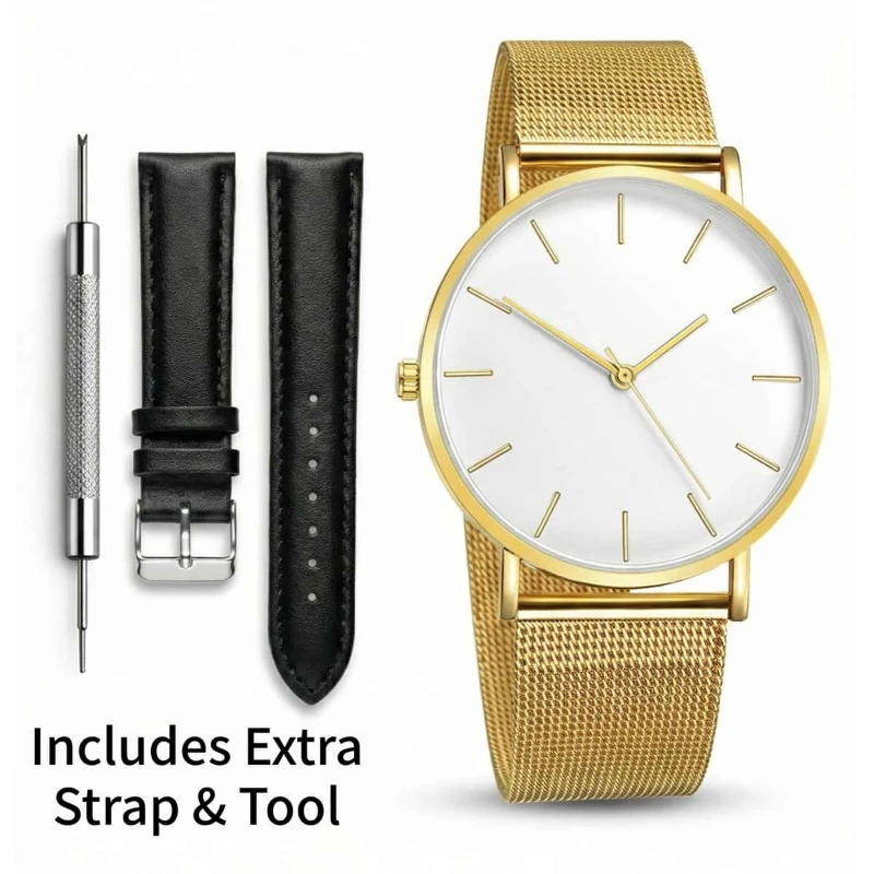 

Luxury Metal Watches & Extra Leather Band & Removal Tool Set Fashion Minimalist Wristwatches for Woman Man Quartz Clock Gift