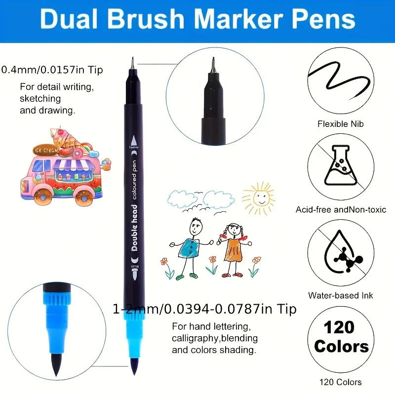 مجموعة فرشاة وأقلام تحديد رفيعة ذات طرف مزدوج | علامات فنية بأطراف مائية للخط والرسم والرسم #3