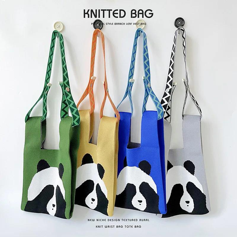 cartoon Panda Handbag Women Mini Knot Wrist-bag Female Casual Color Wide Stripe Plaid Tote Bag Student Reusable Shopping Bag