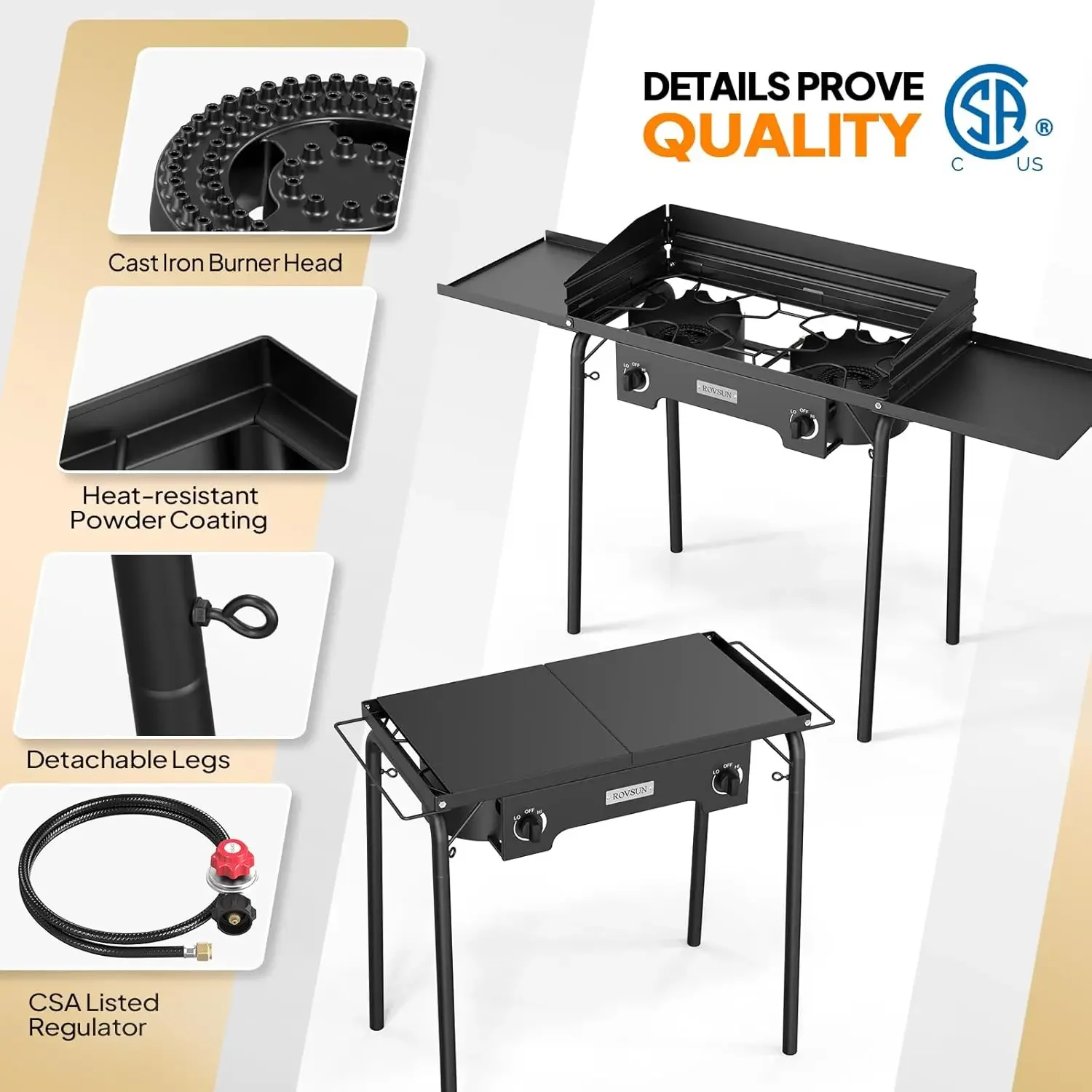 2 Burner Gas Stove with Side Shelves, 150,000 BTU Portable Propane Stove with Removable Legs, Wind Panels & Regulator for Campin