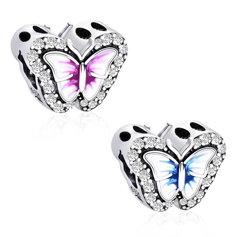 

PANQDIY 925 Sterling Silver Colorful Butterfly Blue Pink Gradient Color Charm bead Suitable for DIY women's jewelry accessories