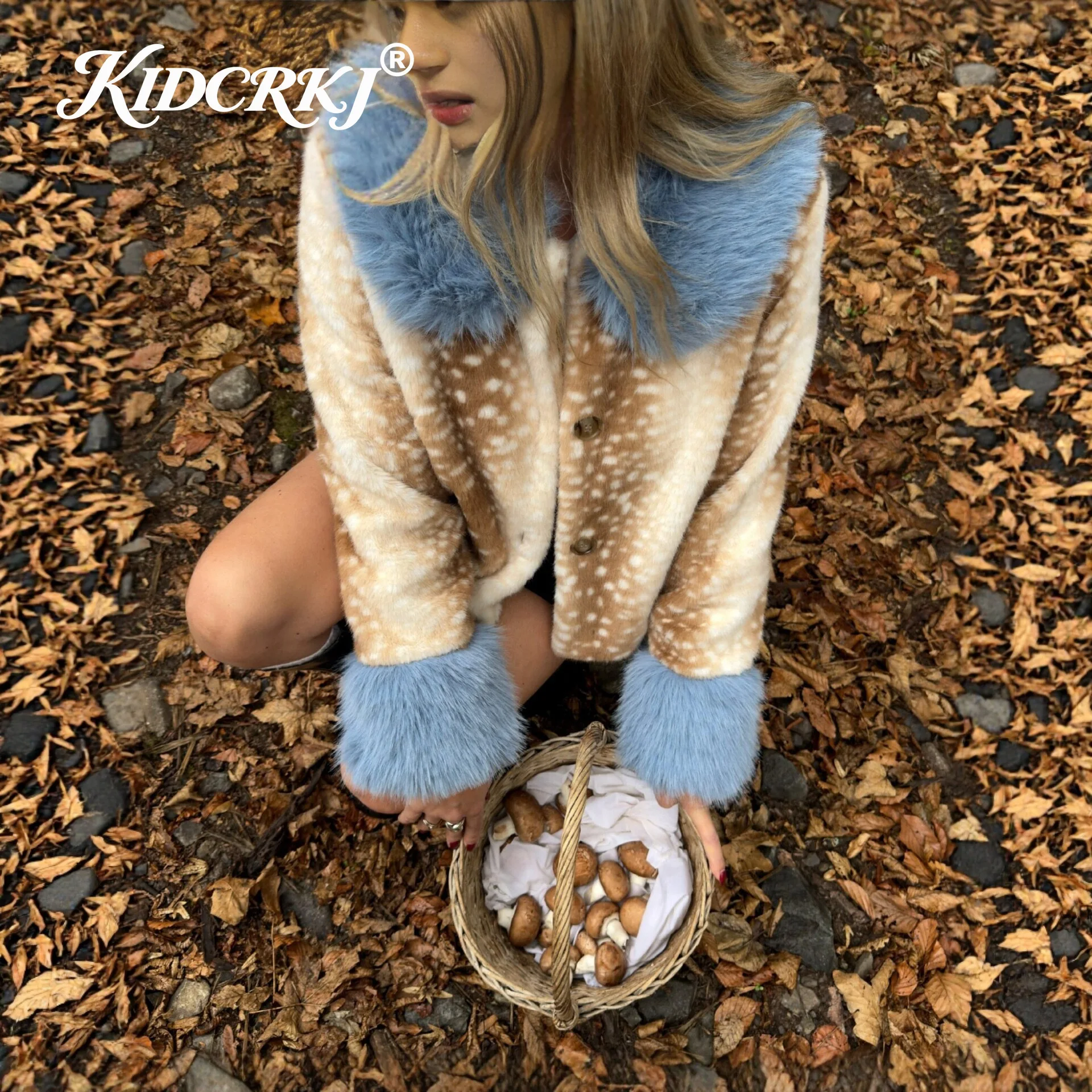 KIDCRKJ Women Deer Spot Faux Fur Short Jacket Contrast Blue Furry Collar Cuff Button Front Fluffy Coat Winter Chic Daily Outfit
