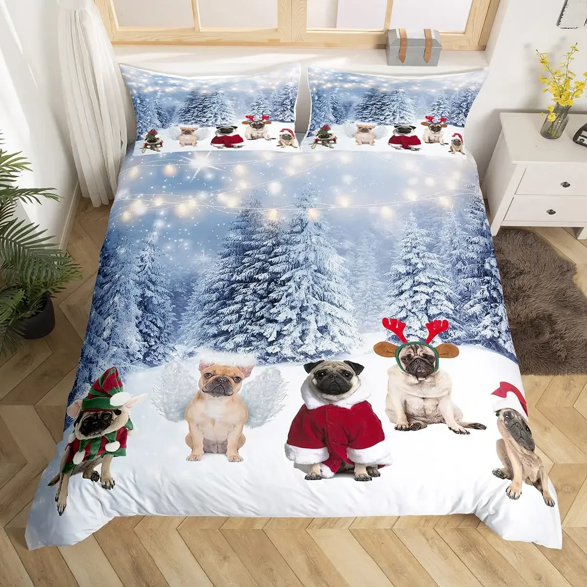 Pug Duvet Cover Set,  Puppy Lying Around Pet, Decorative 3 Piece Bedding Set with 2 Pillow Shams, Queen Size, Pale Brown Black