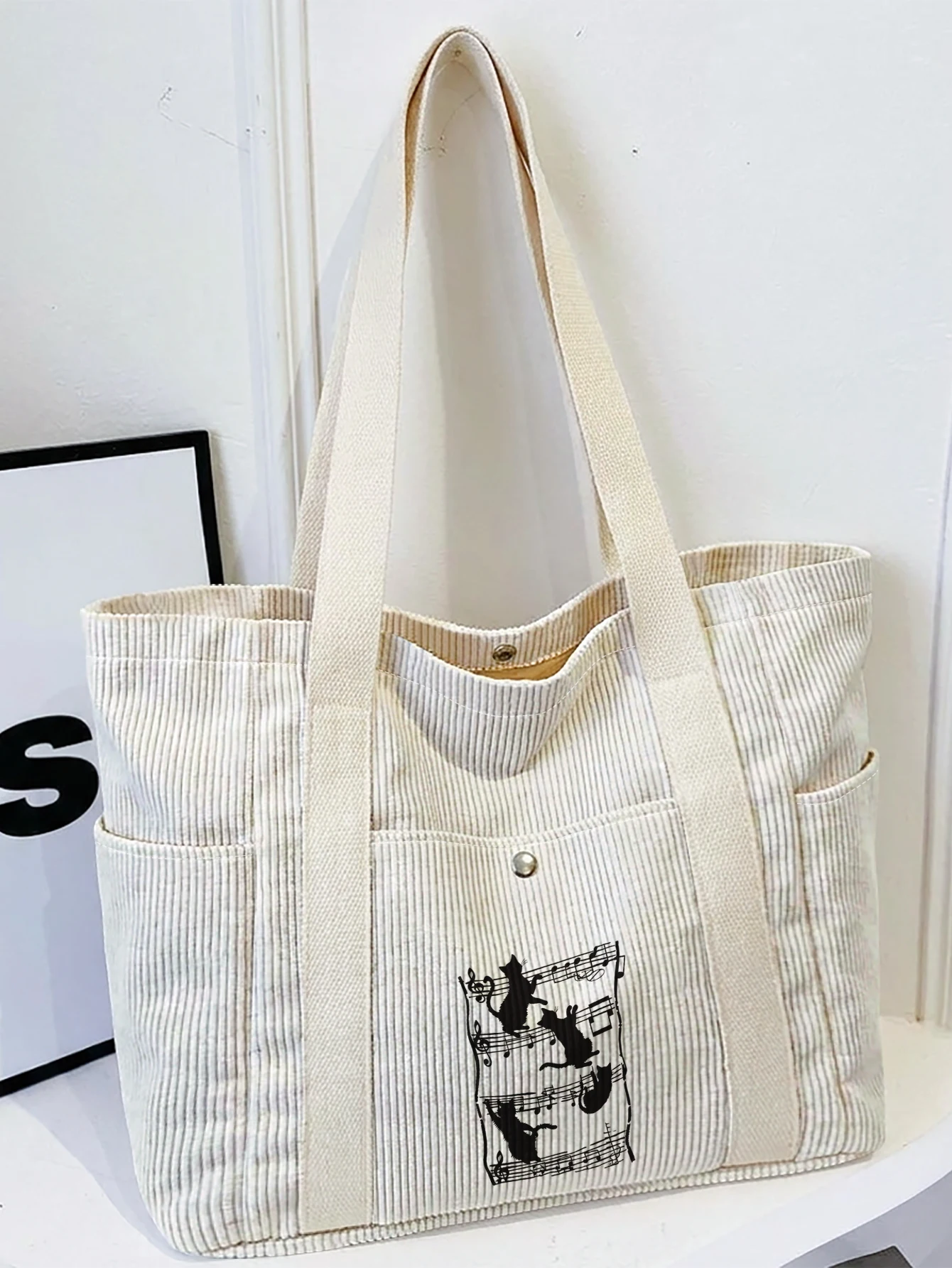 Music Note Cat Print Tote Bag, Large Capacity Side Pockets, Snap Button, For Work Shopping Daily Use