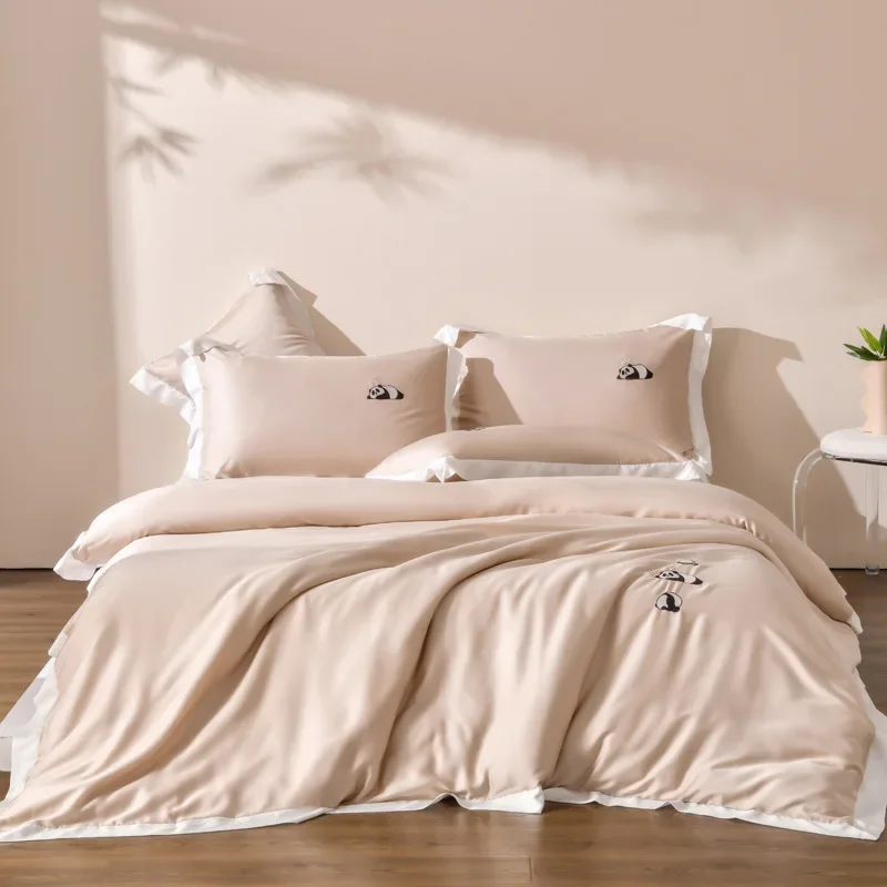 

New Solid Color Class a Lanjing Tencel Embroidery Four-Piece Bedding Ice Silk Quilt Cover