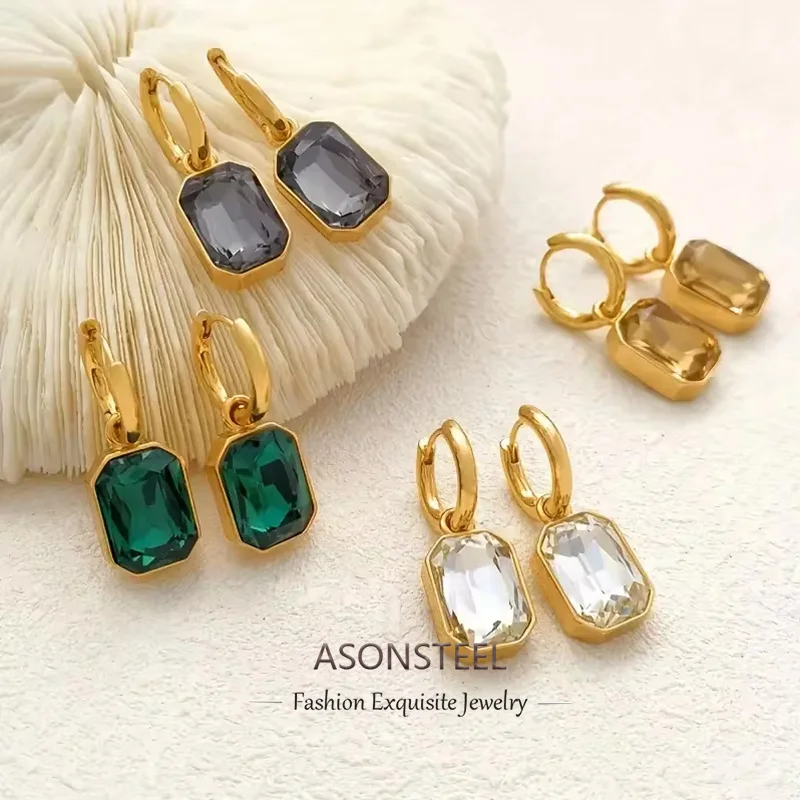 ASONSTEEL Stainless Steel Cubic Zirconia Drop Dangle Charms Hoop Earrings Chain Pendant Necklace Gold Color Green Square Jewelry