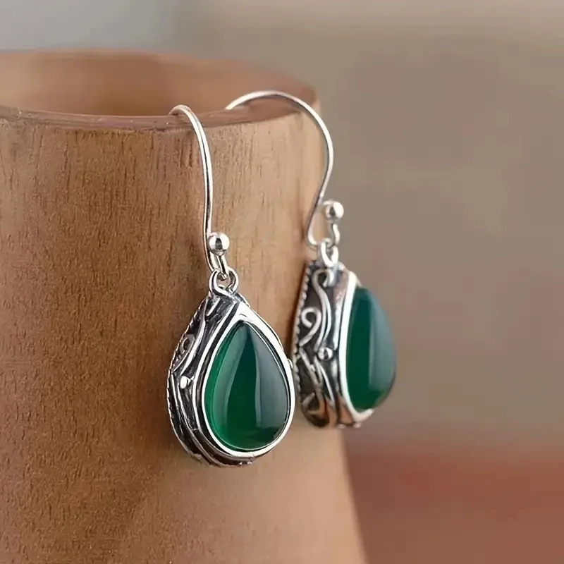 Vintage Green Pear Stone Drop Earrings For Women Ethnic Style Aesthetic Carved Pattern Temperament Earrings Elegant Jewelry