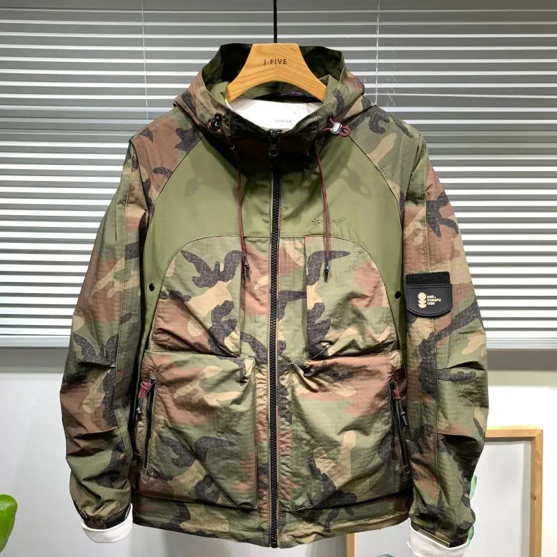 

Casual Camouflage Workwear Jaet for Men Haome Hoodie Sle Korean Faion Spring Autumn ort Length Multi-ket Design