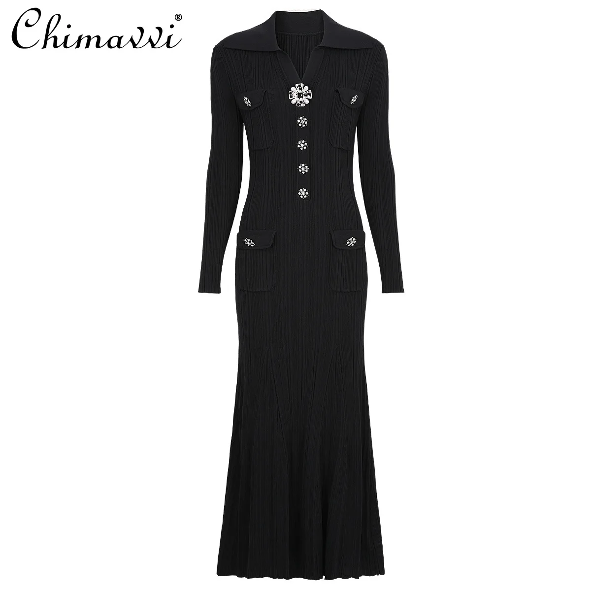 

Autumn New Fashion Long Sleeve Turn-Down Collar Knitted Dress Heavy Craft Button Pin Slim Fit Elegant Women's Mermaid Long Dress
