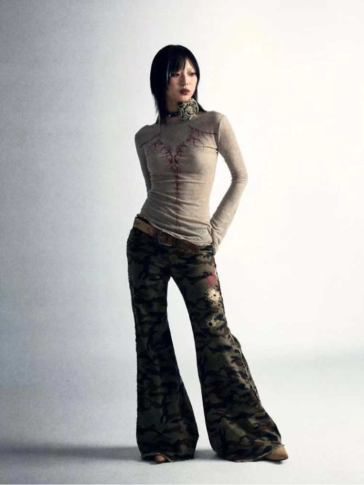 

Design sense double-sided multifunctional sexy printed square neck niche thin top T-shirt for women's high street fashion trend