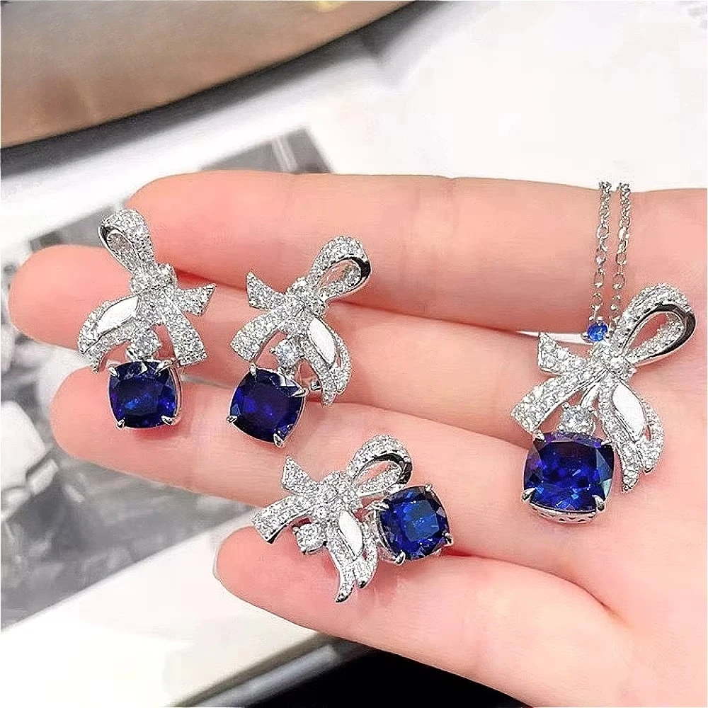 Exquisite 925 sterling silver pendant necklace, gemstone ring and stud earrings set, specially designed for women