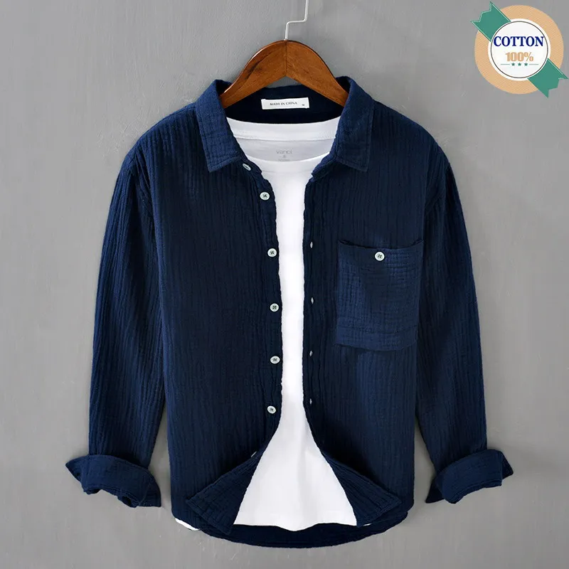 

100% Cotton Autumn Winter Double Layered Yarn White Long Sleeved Shirt For Men's Casual Wrinkled Soft Square Neck Shirt 2071