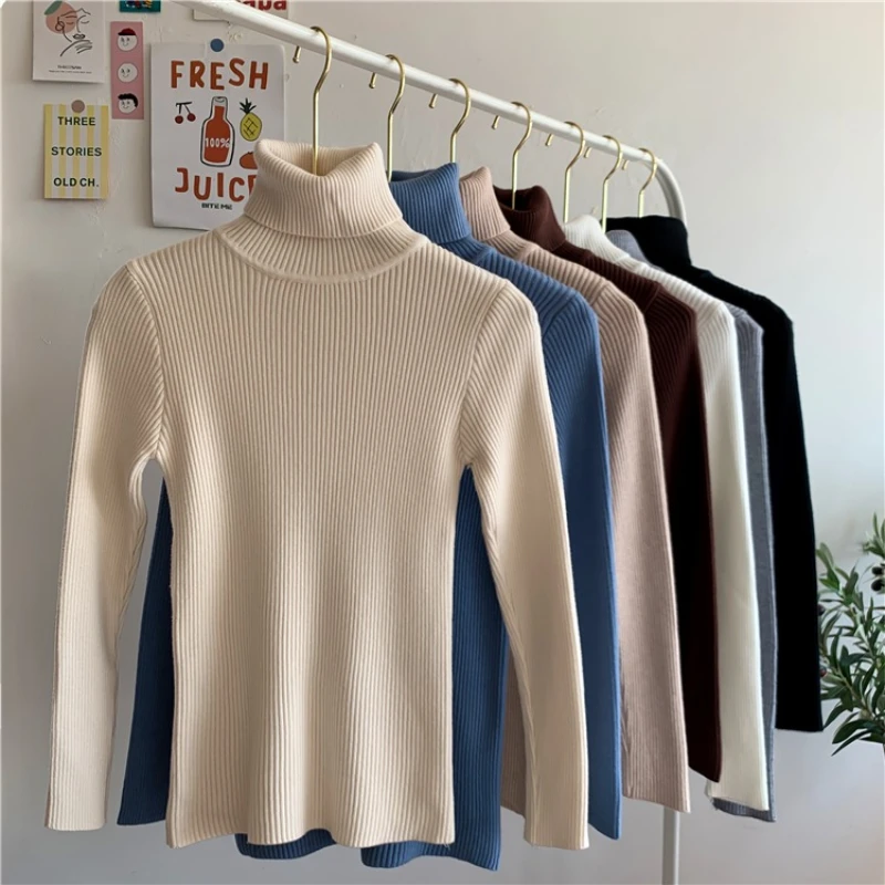 

2025 Autumn Winter Turtleneck Women Sweater Long Sleeve Knitted Slim Solid Ribbed Pull Sweaters Soft Warm Femme Jumper Pullover