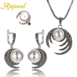 Ajojewel White Pearl Moon Shape Pendant Earrings Necklace Rings For Ladies Beautiful Wedding Gift Vintage Jewelry Sets Bijoux