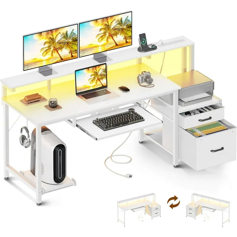 

63 Inch Computer Desk with Power Outlet and LED Light, Reversible Office Desk with File Cabinet and Drawer, Gaming Desk