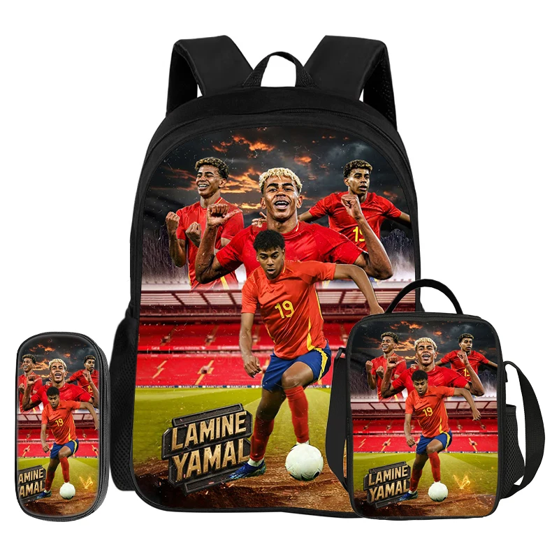 Football Star Backpack 3Pcs Set School Backpack L-Lamin Yamal Pencil Bags Bookbag Best Gift with Lunch bag Knapsack