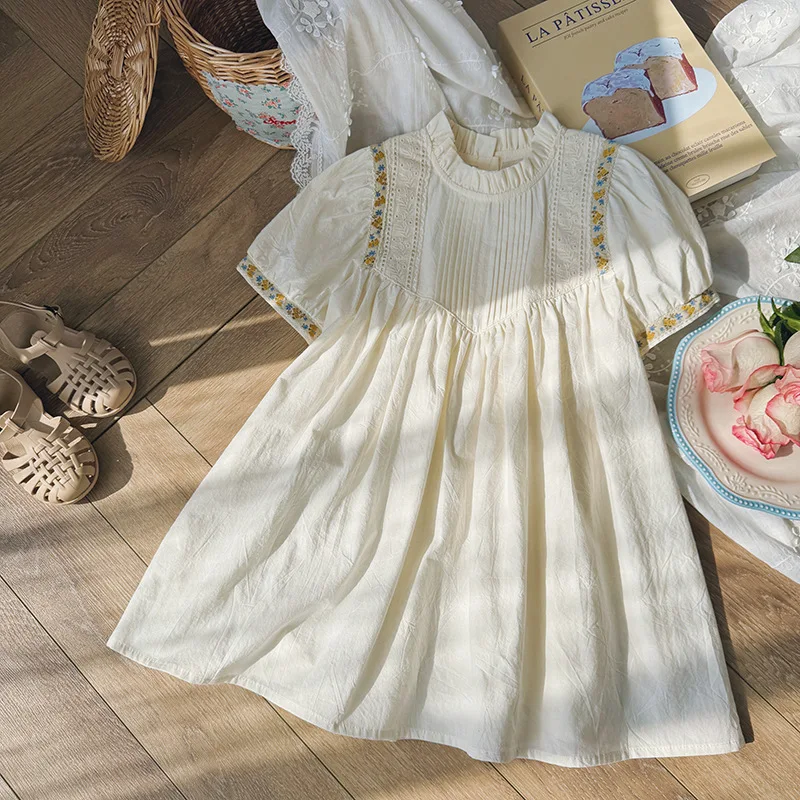 Vestido de princesa de manga corta para niña, vestido bordado plisado de encaje con cuello de pie, estilo francés, Verano