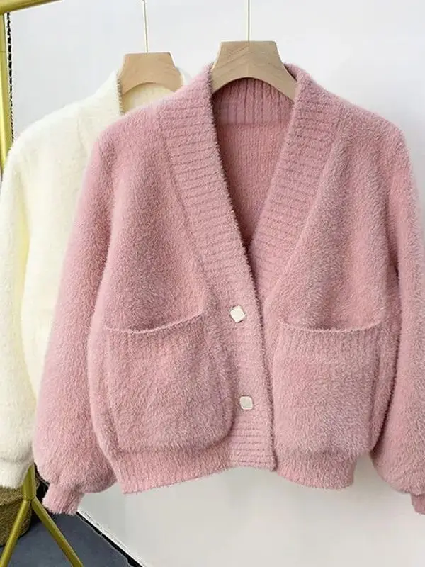Ladies Thickened Knitted Woolen Sweater Coat Small Fragrance Style Loose Fit Outerwear Anti-Pilling Fluffy Sleeve V-Neck Shor...
