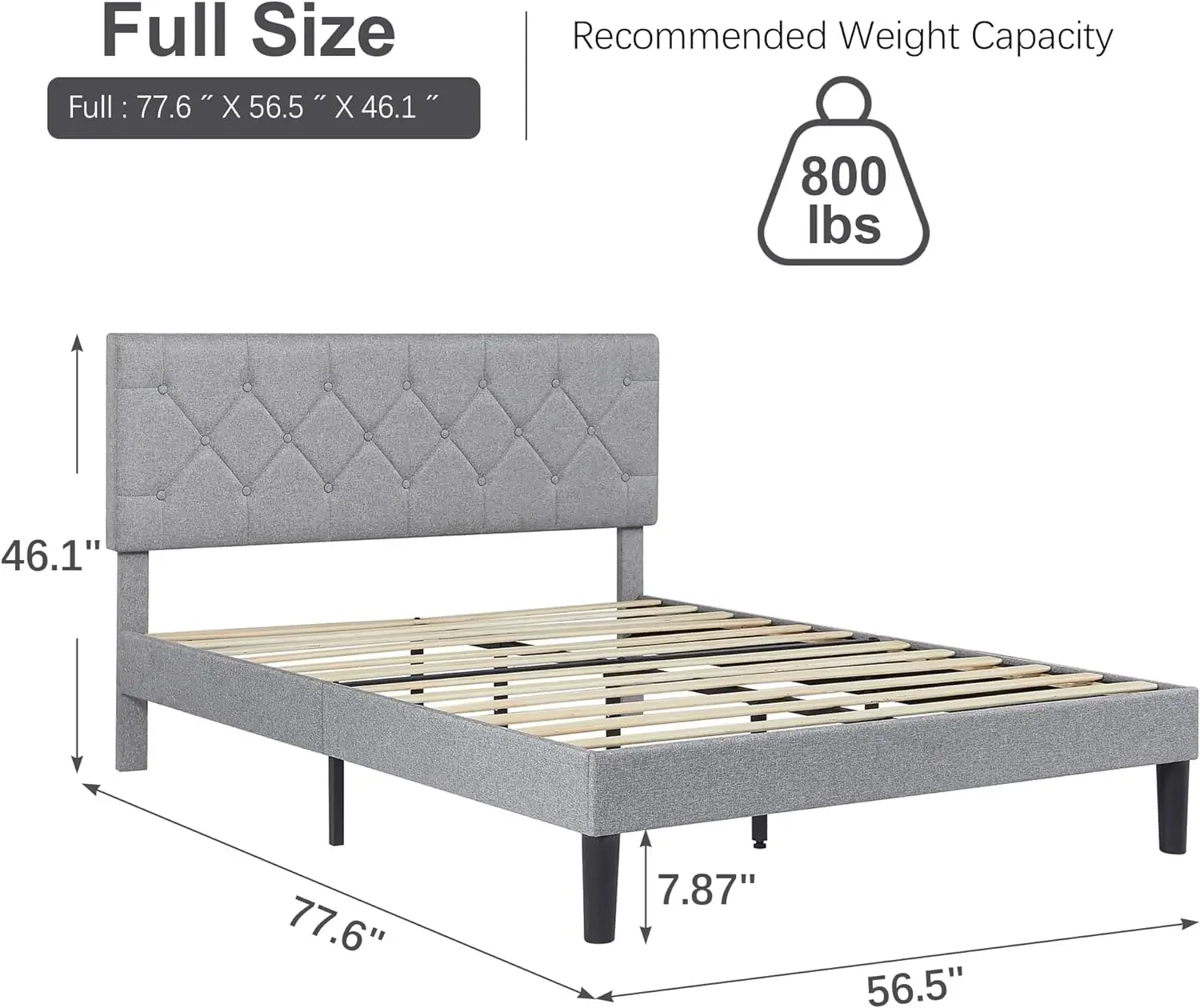 Full Size Bed Frame, Upholstered Platform with Adjustable Button Tufted Headboard, Wood Slat Support, No Box Spring Needed