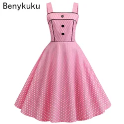 Vintage Pink Polka Dot Summer Dress Women Vestidos Robe Femme Pin Up Party Dress 50s Rockabilly Plus Size Casual Beach Dresses