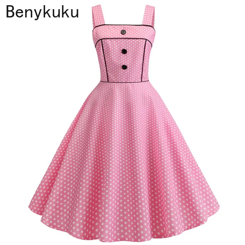 Vintage Pink Polka Dot Summer Dress Women Vestidos Robe Femme Pin Up Party Dress 50s Rockabilly Plus Size Casual Beach Dresses