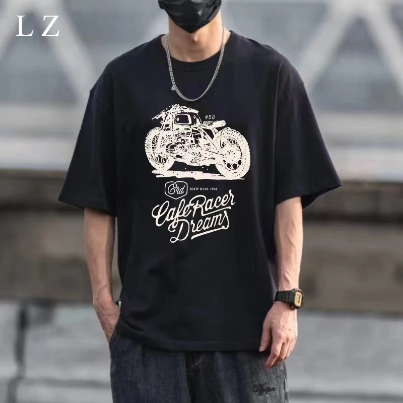 

Motorcycle spring and summer American locomotive simple painting creative versatile T-shirt fashionable men couple loose casual