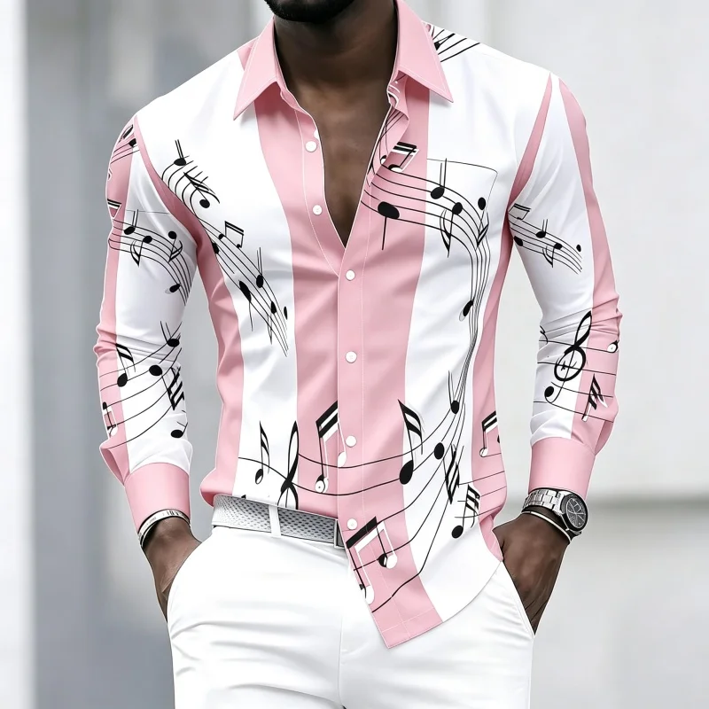 Men's collared shirt with creative musical note print, trendy long-sleeved casual top for everyday wear, dates, and outings. view 3