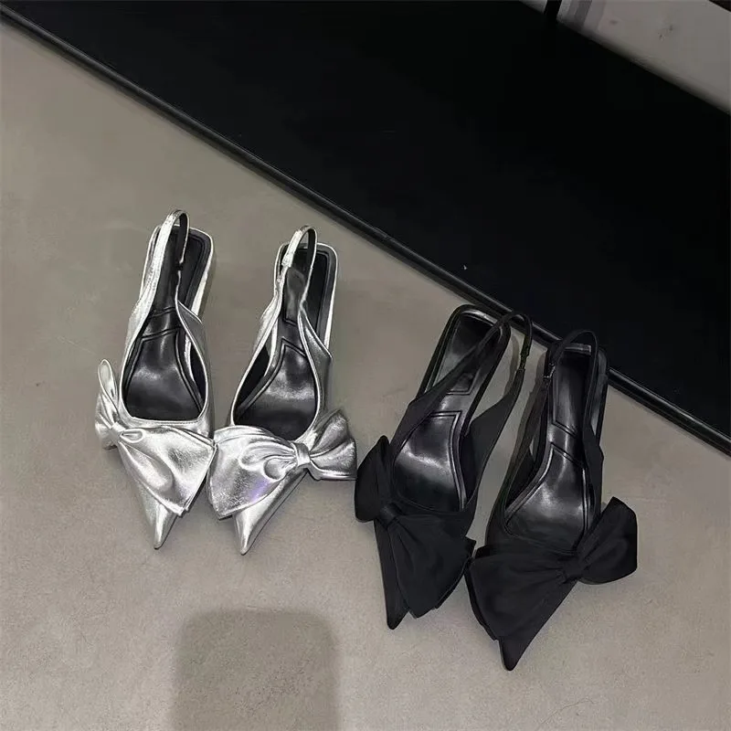 

2024 Luxury Summer Women's Slingback Sandals Fashion Bow Pointed Toe Slip on Women's Shallow Mouth Elegant Dress High Heels