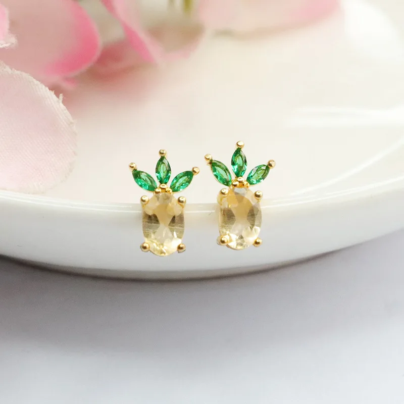 Natural citrine pineapple stud earrings S925 silver needle colored treasure earring pendant jewelry