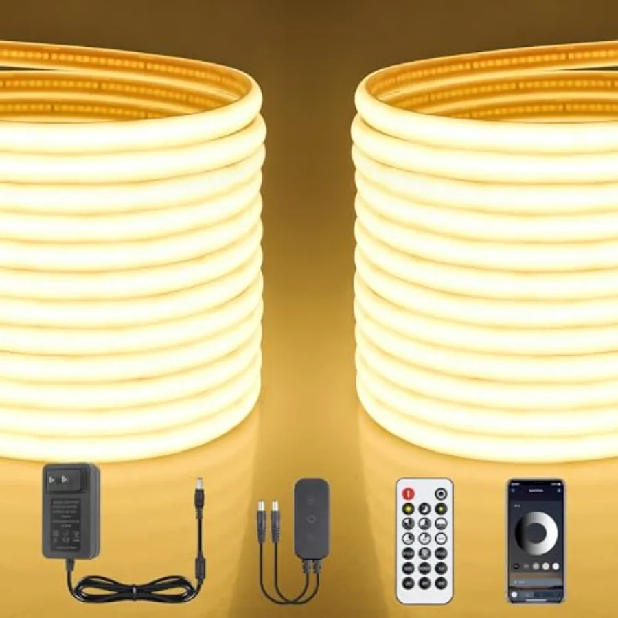 

24V COB LED Strip Light 3000K Dimmable Outdoor LED Strip Lights Waterproof 65.6FT with Self Adhesive Even Light for Living Room